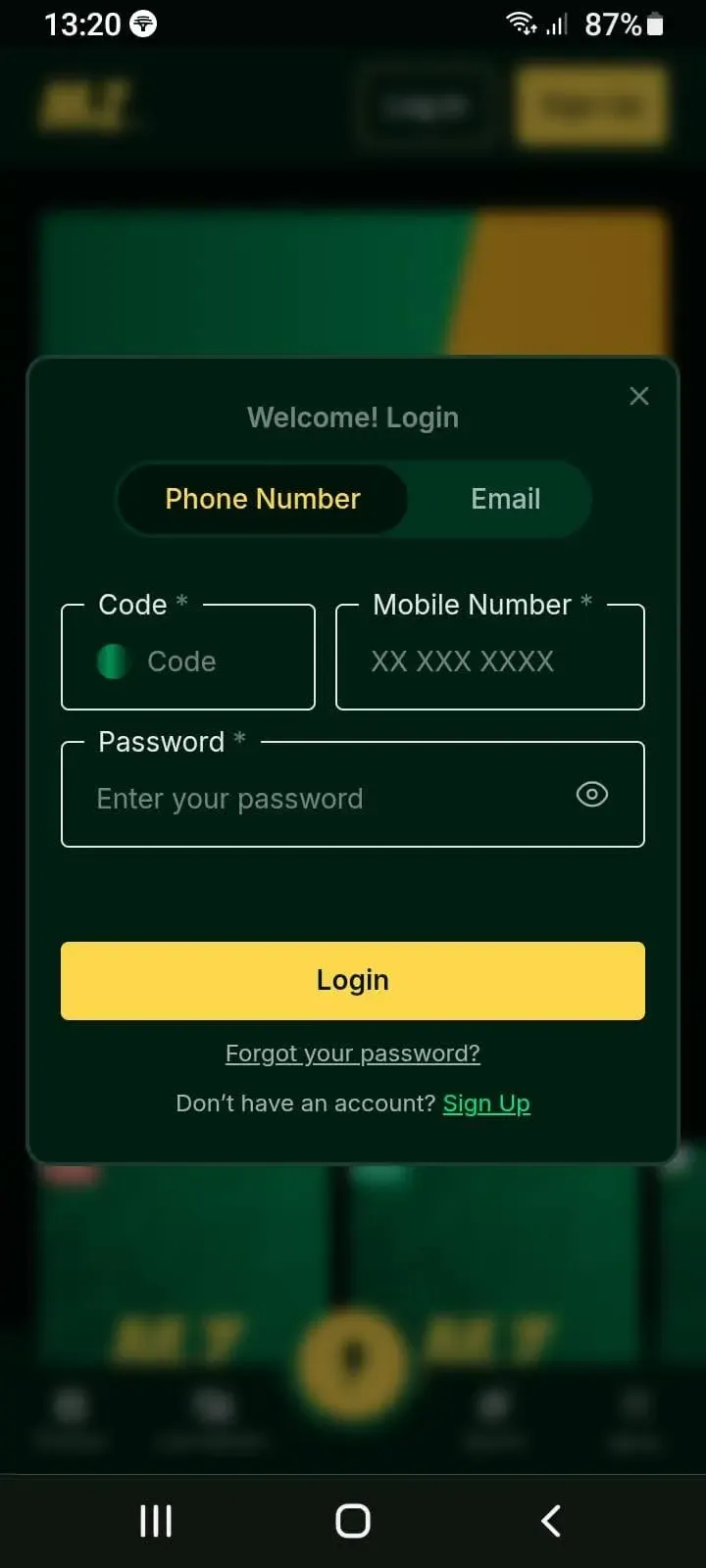 Mzansibet app login screen