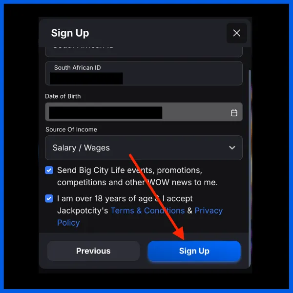 Jackpot City sign up form showing fields for personal information and a "Sign Up" button.