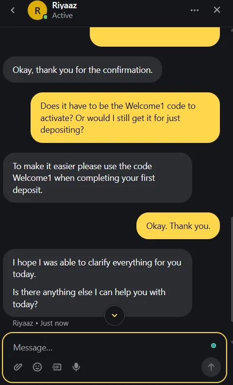 Final Live Chat screenshot showing conclusion to query about the casino deposit.