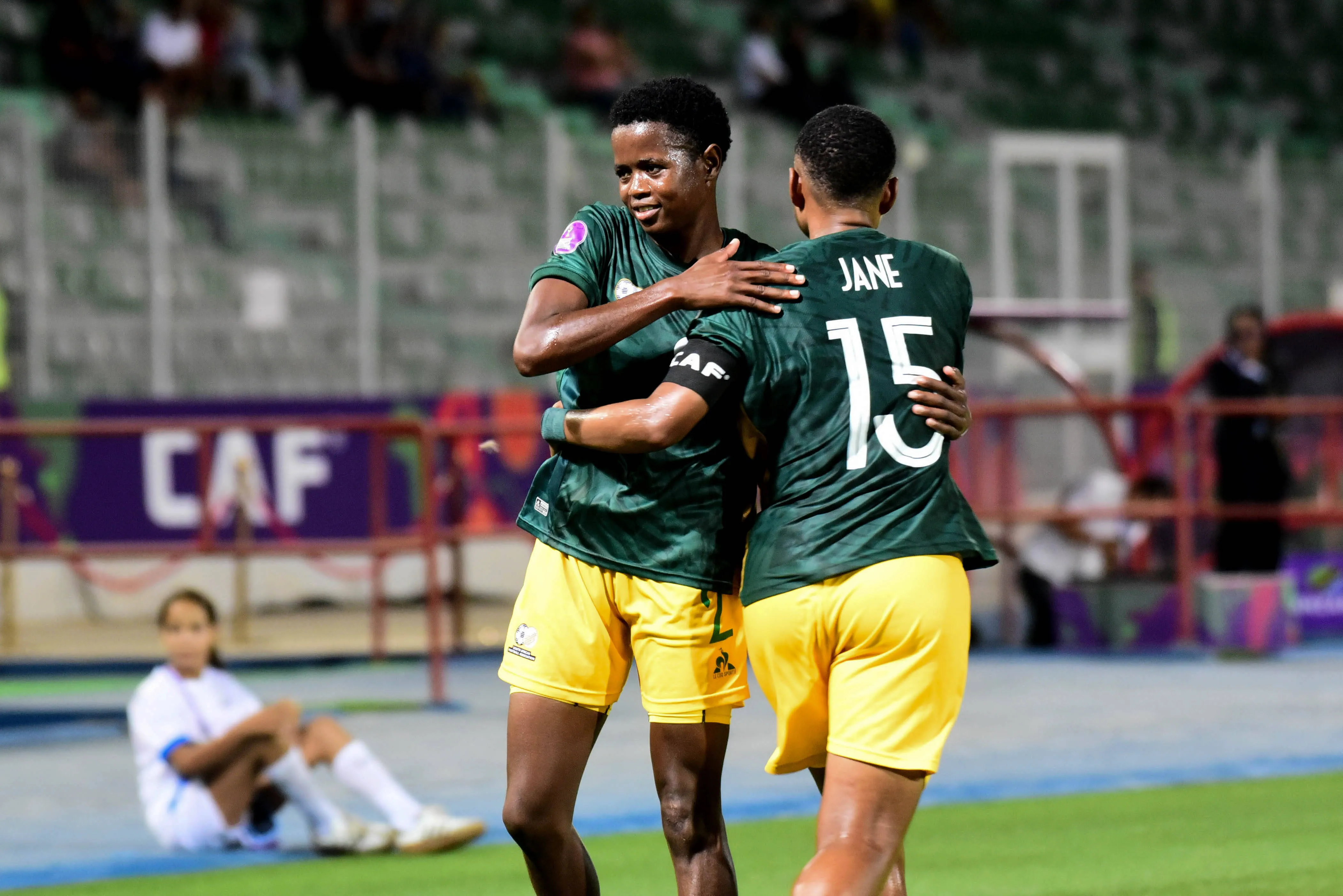 Lebohang Ramalepe and Refiloe Jane of South Africa during the 2025 Women s Africa Cup of Nations WAFCON match between Tanzania and South Africa 