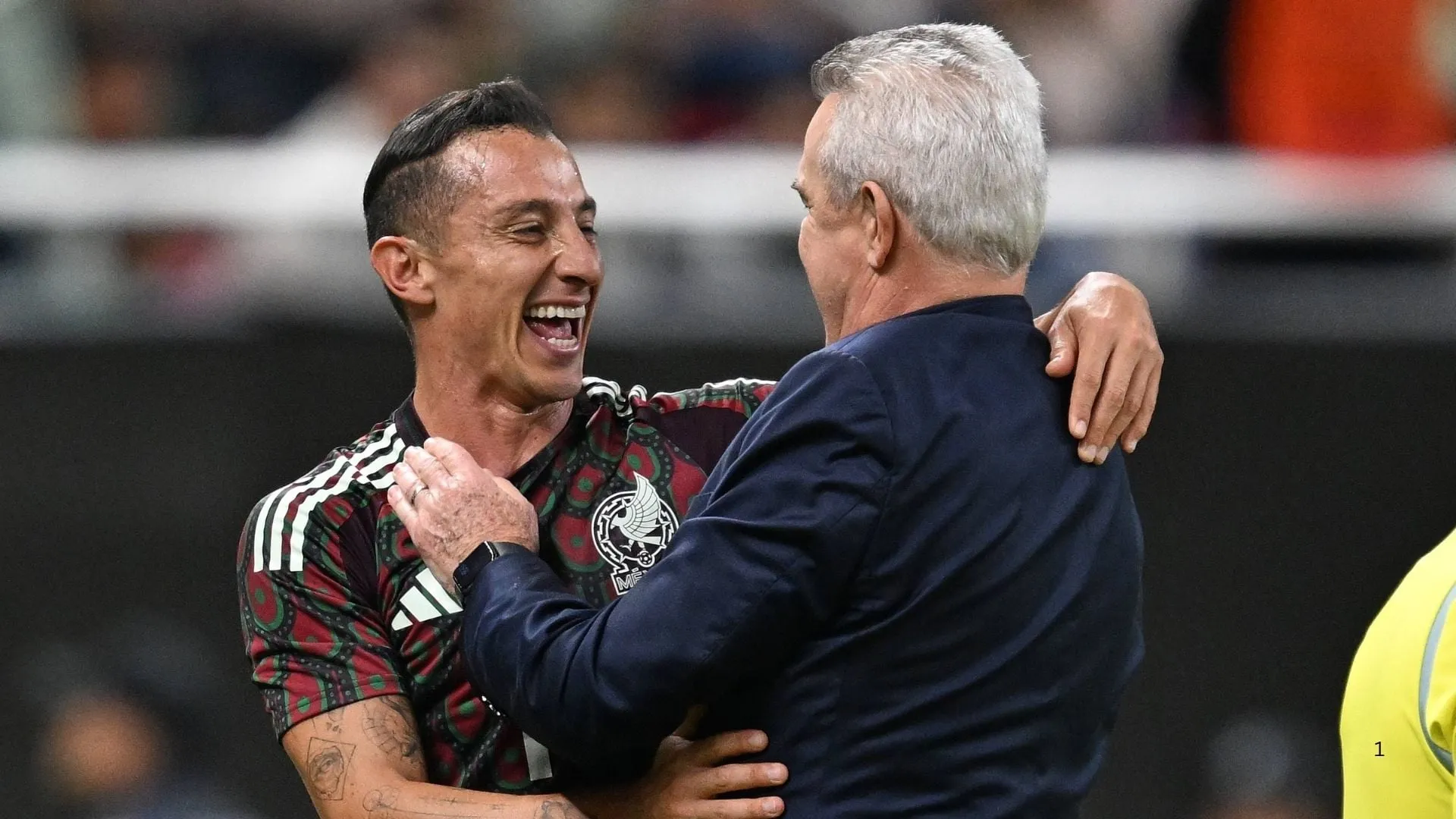Mexico&rsquo;s Andres Guardado (left) has a light moment with coach Javier Aguirre.