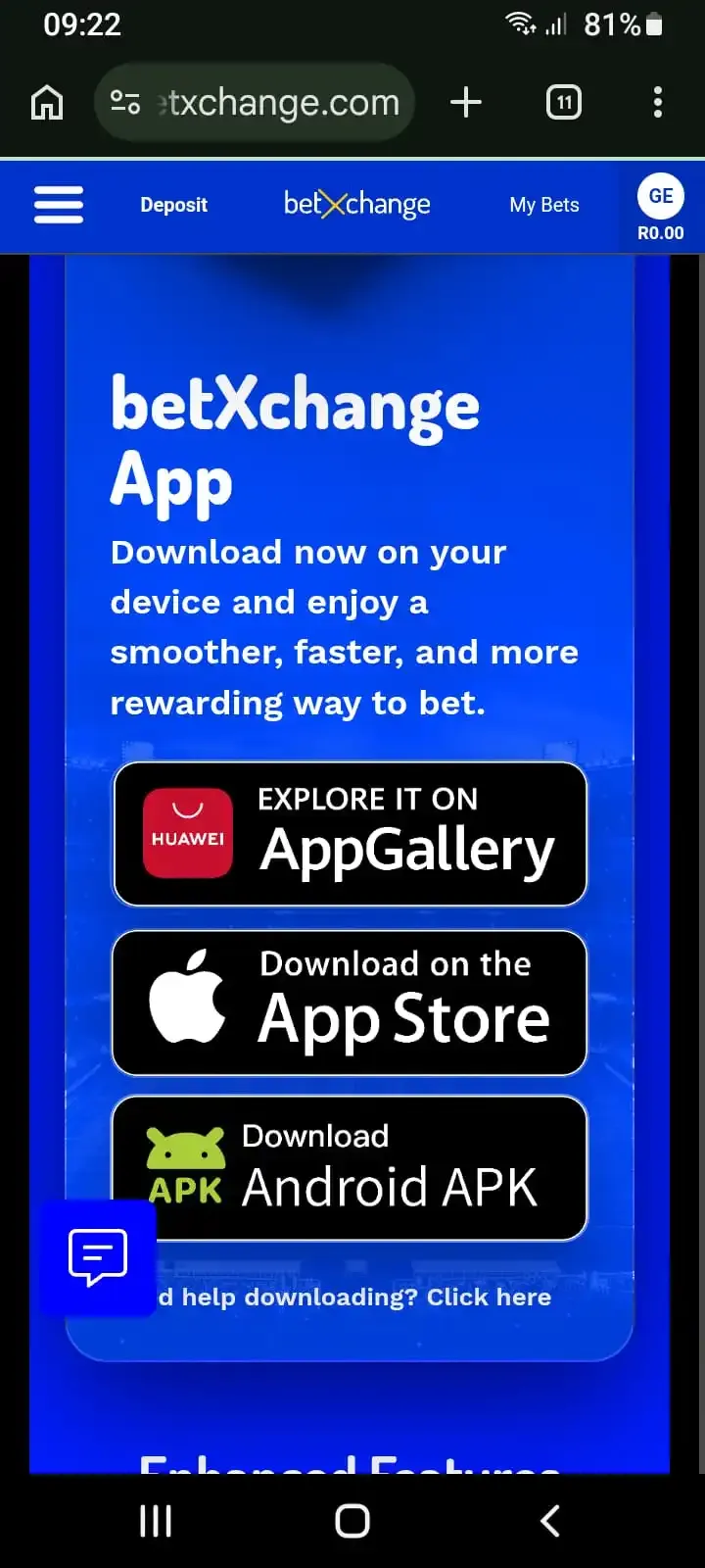 BetXchange app download landing page on Chrome mobile displaying Huawei AppGallery, Apple App Store, and Android APK options.