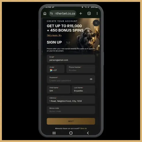Pantherbet sign up step 2
