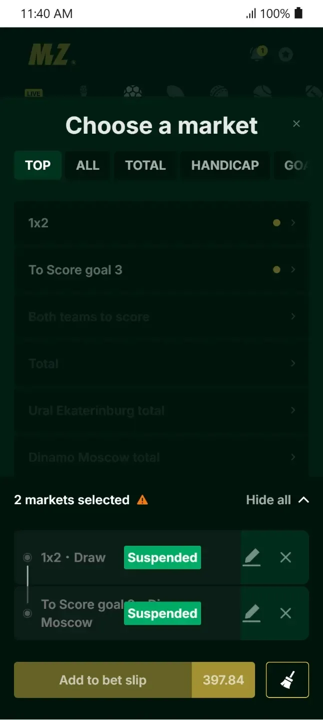 Mzansi bet builder screenshot showing 2 suspended markets in the selection slip.