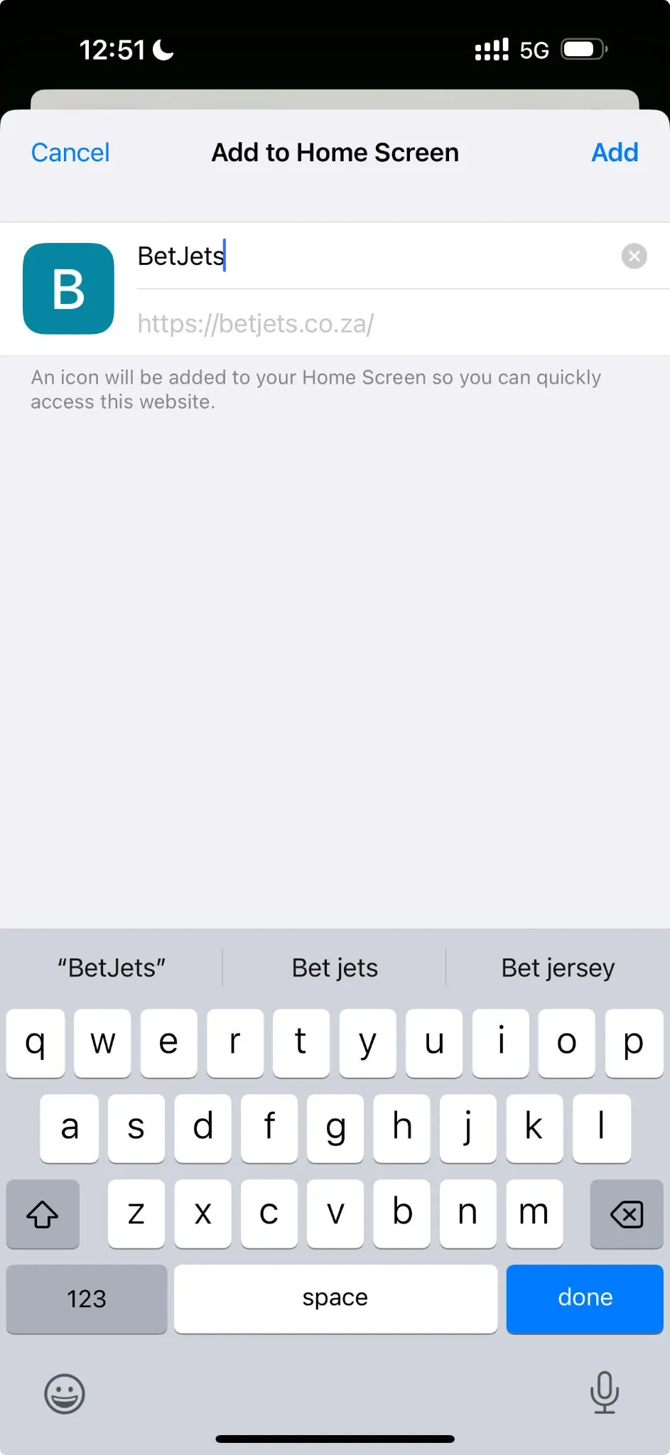 BetJets Add to Home Screen screenshot with Add button in the top-right corner.