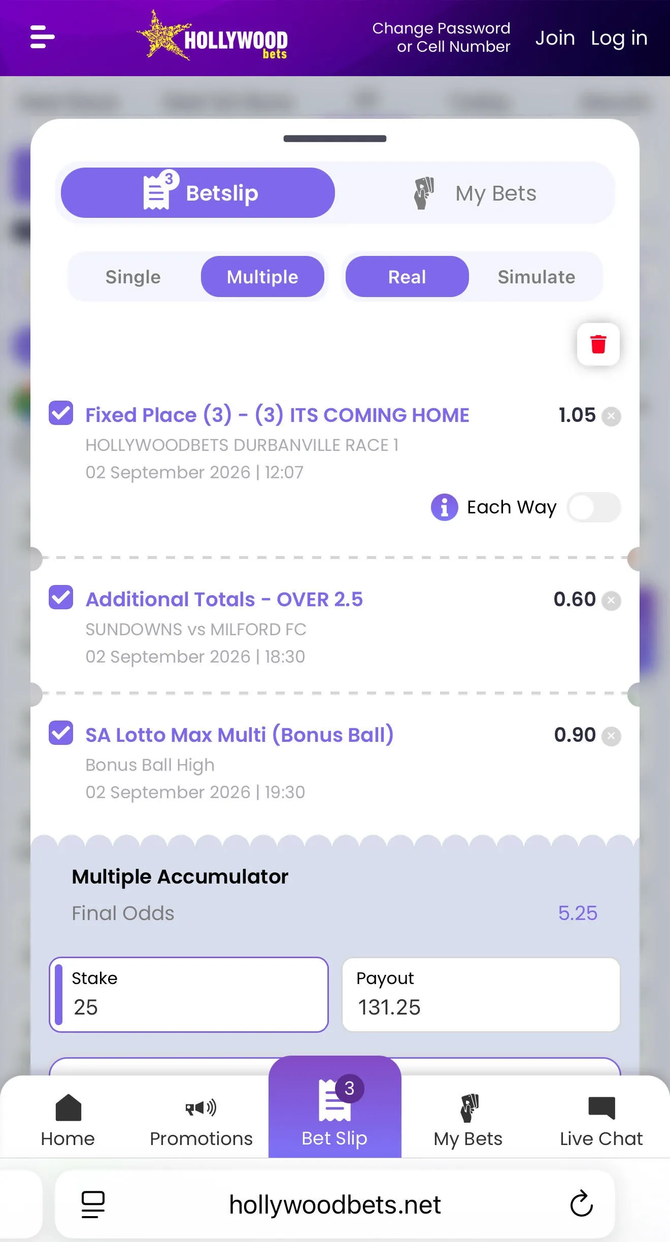 Hollywoodbets bet slip showing eligible selections for the R25 no-deposit free bet.
