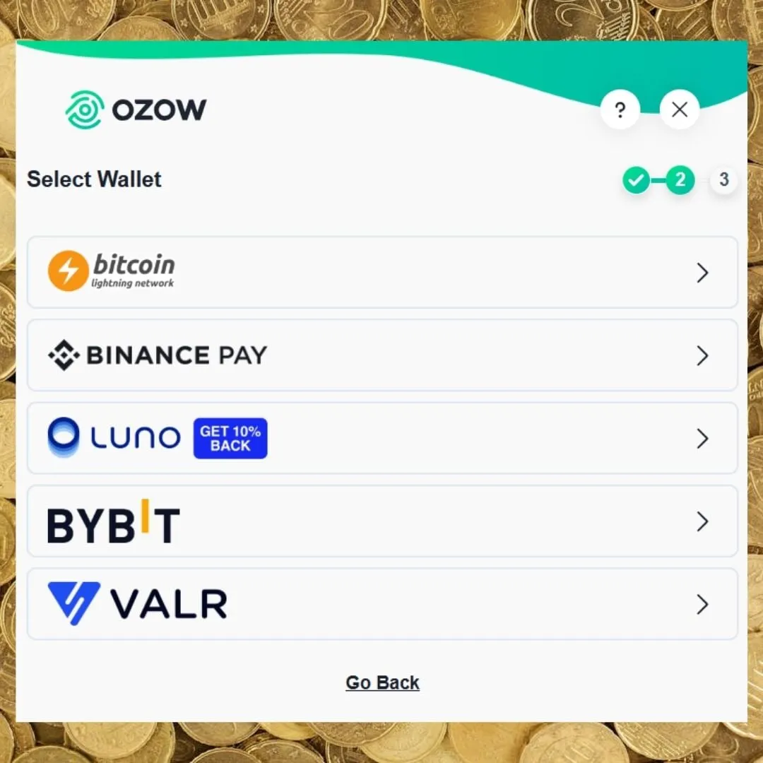 Easybet deposit interface showing Ozow crypto payment options including Bitcoin Lightning Network, Binance Pay, Luno, Bybit, and VALR