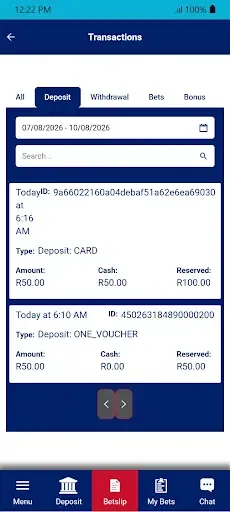 BetJets transaction history showing first R50 deposit through 1Voucher and second R50 deposit through Card payment.