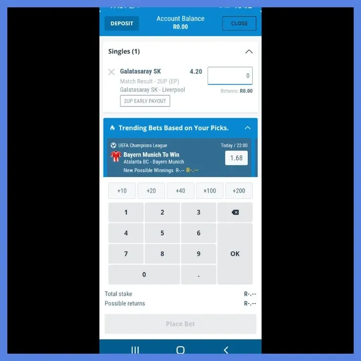 Sporting bet mobile app betslip showing Galatasaray vs Liverpool selection.