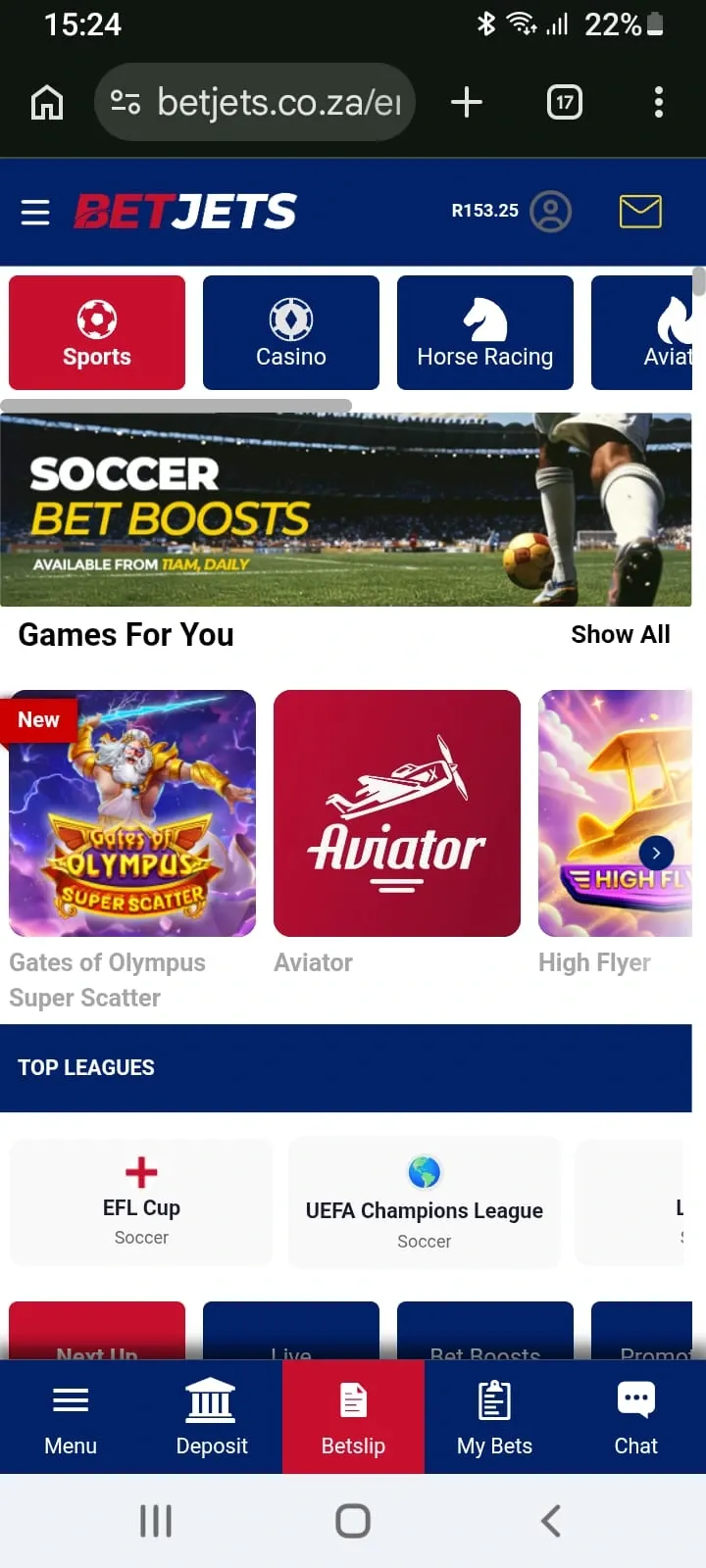 Screenshot of mobile homscreen on Chrome for BetJets app review