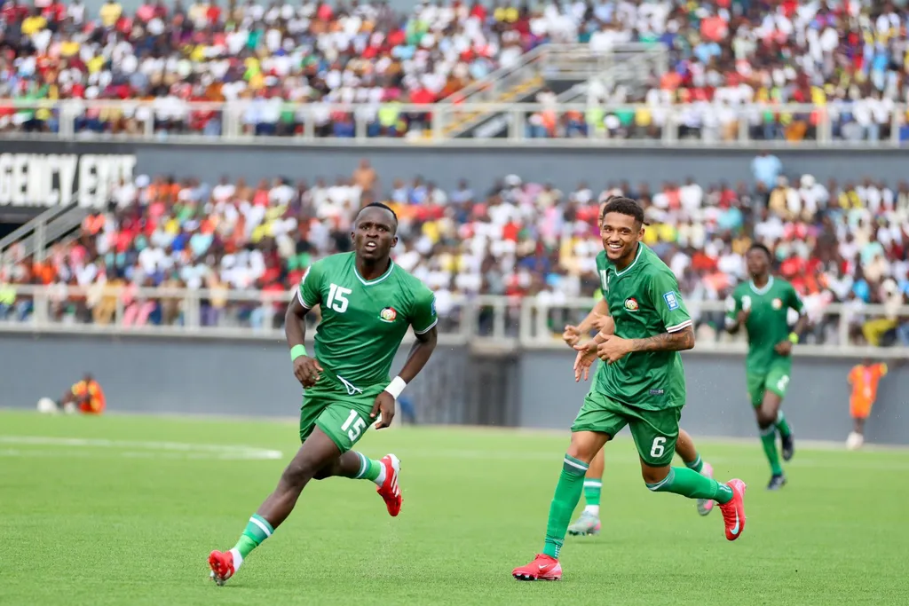 Kenyan striker Ryan Ogam celebrates his goal.