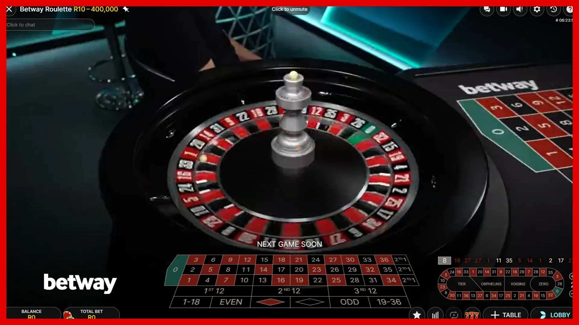 Screenshot of a live Betway Roulette table in between rounds.