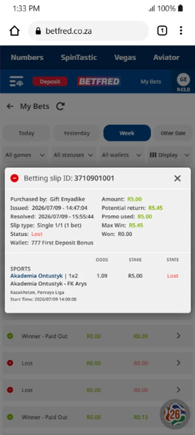 Failed wager on Betfred first deposit bonus