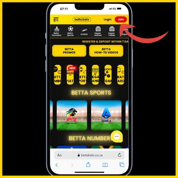 Bettabets site - red arrow pointing to red join button on the site 