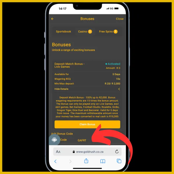 Red arrow pointing to promo code GAFRT entered for casino bonus on Goldrush site