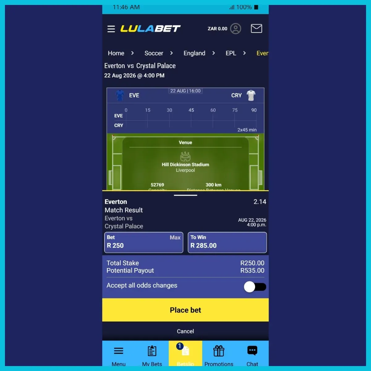 Lulabet wagering example 1 Everton vs Crystal Palace