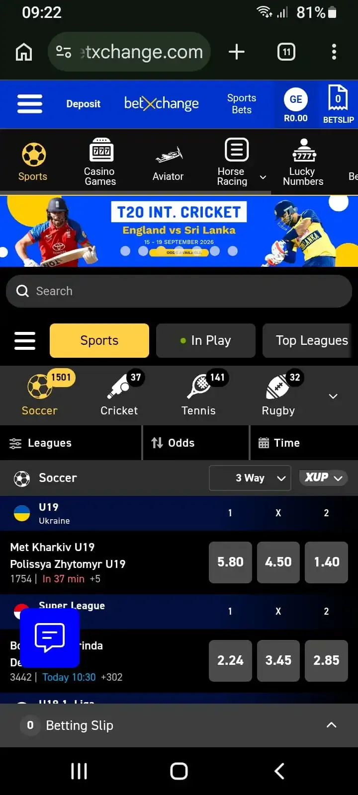 BetXchange sports betting homepage on Chrome mobile interface showing T20 Cricket promo banner and upcoming soccer odds.