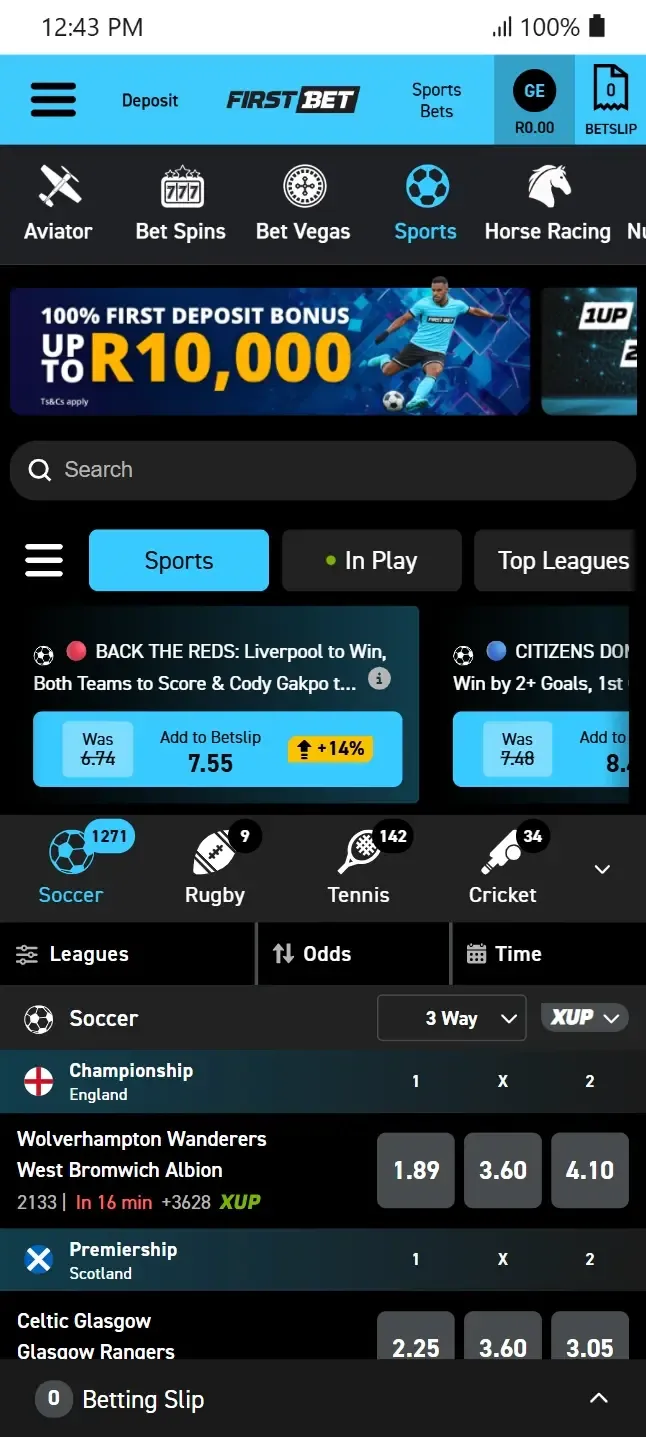 Main Firstbet sportsbook header showing promotional banners, quick filter tabs for Sports, In-Play, and Top Leagues, and daily price boosts.