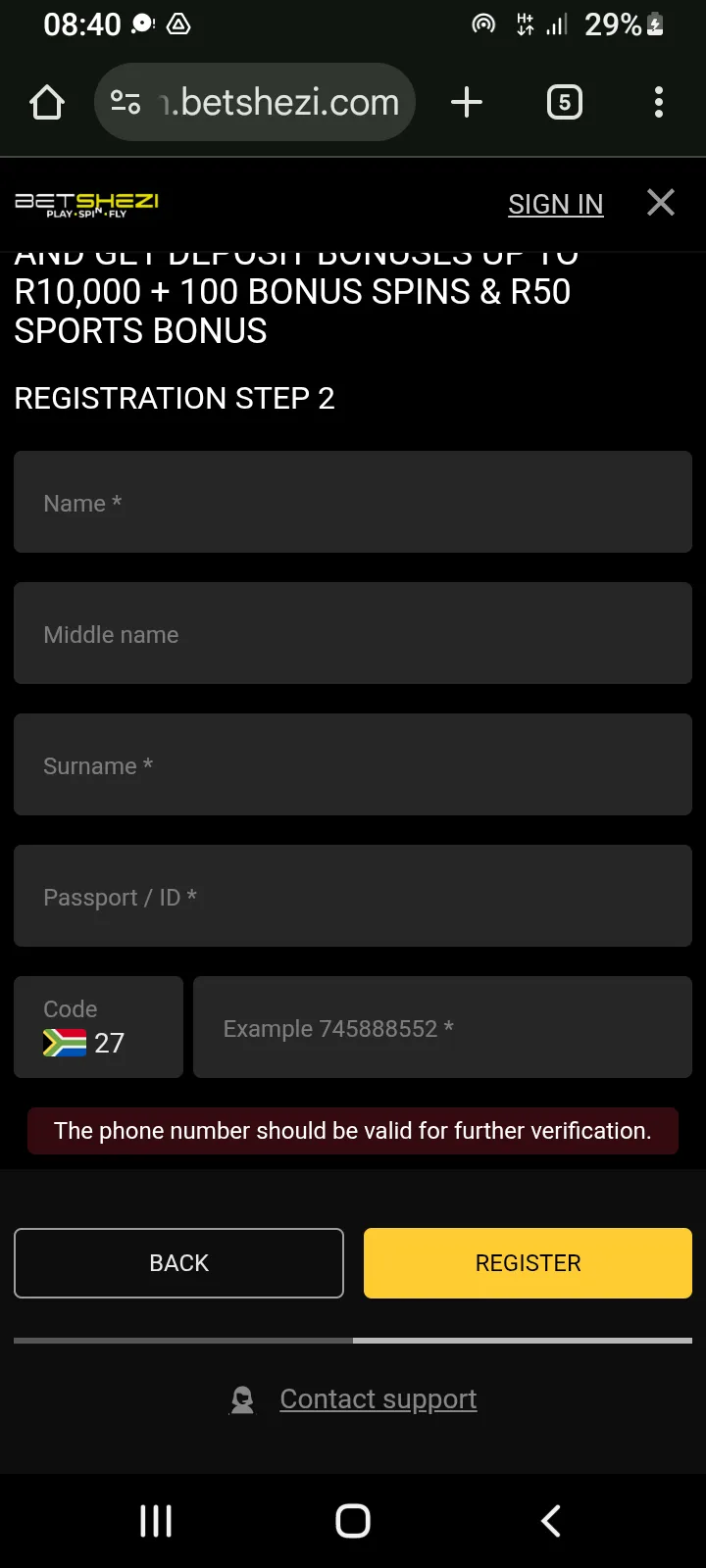 Screenshot of Registration Step 2 where the user is asked for their legal name and surname, Passport_ID number and their phone number