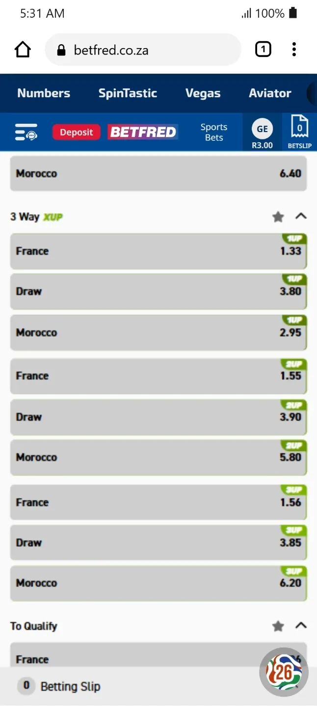 Betfred 3-Way XUP early payout market for the France vs Morocco World Cup 2026 match.