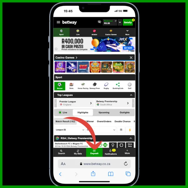 betway deposit guide step 1, click on the deposit button 