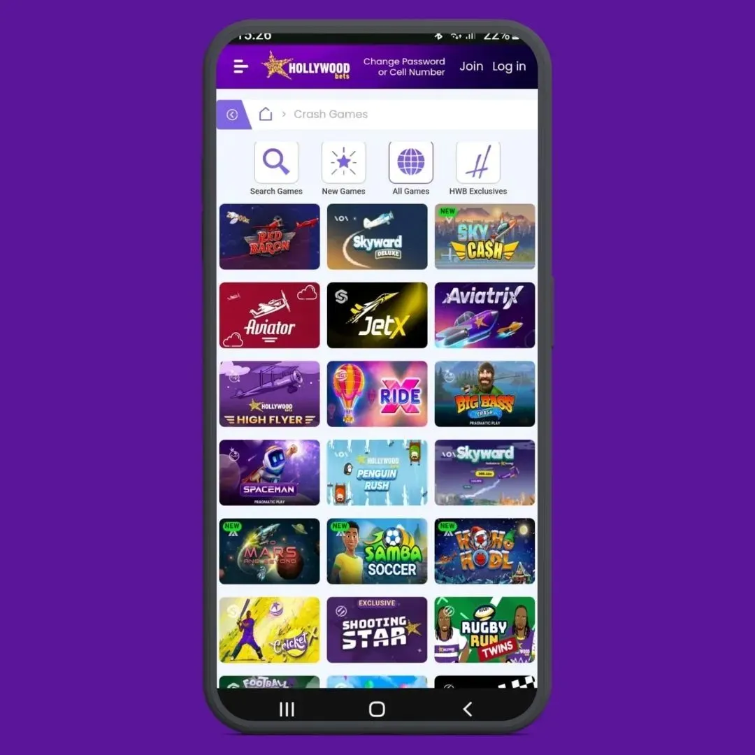Screenshot of HWB crash suite including Hollywoodbets Aviator.