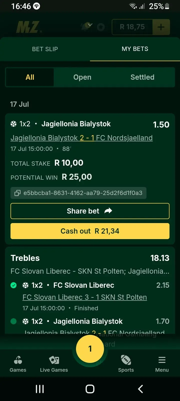 Mzansibet betslip showing R21.34 cashout for R10 wager and R25 potential winning