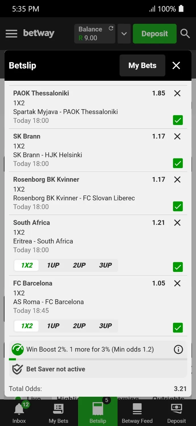 Betway accumulator bet showing PAOK, SK Brann, Rosenborg, South Africa, and FC Barcelona, all to win at total odds of 3.21