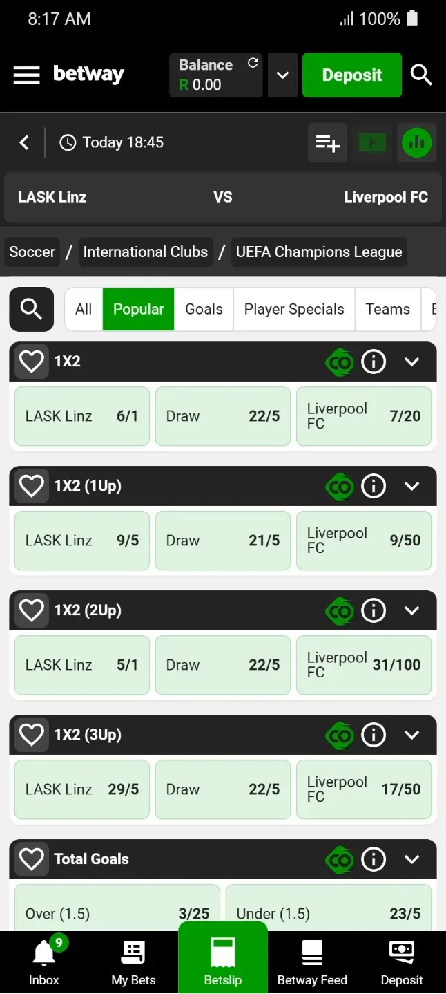 Learn how to read betting odds soccer through LASK Linz vs Liverpool FC, with fractional odds showing Liverpool at 7/20 on Betway.