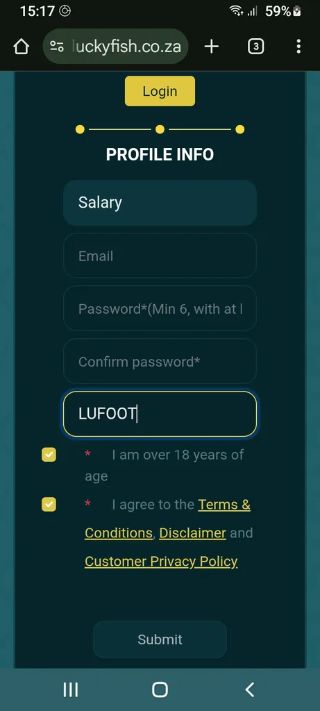 Lucky Fish Promo Code in registration