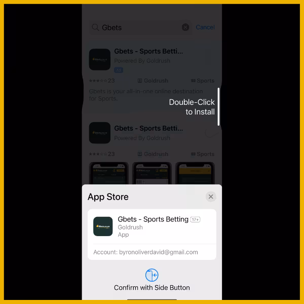 Screenshot of final step to double click power button and download Gbets app for iOS