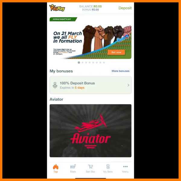 screenshot of yesplay app with Aviator on the homescreen. 