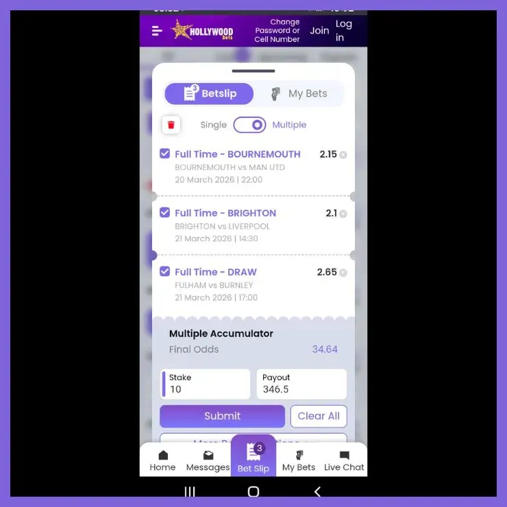 Hollywoodbets app betslip accumulator showing Bournmeouth to win against Man UTD, Brighton to win against Liverpool and Fulham to draw with Burnley.