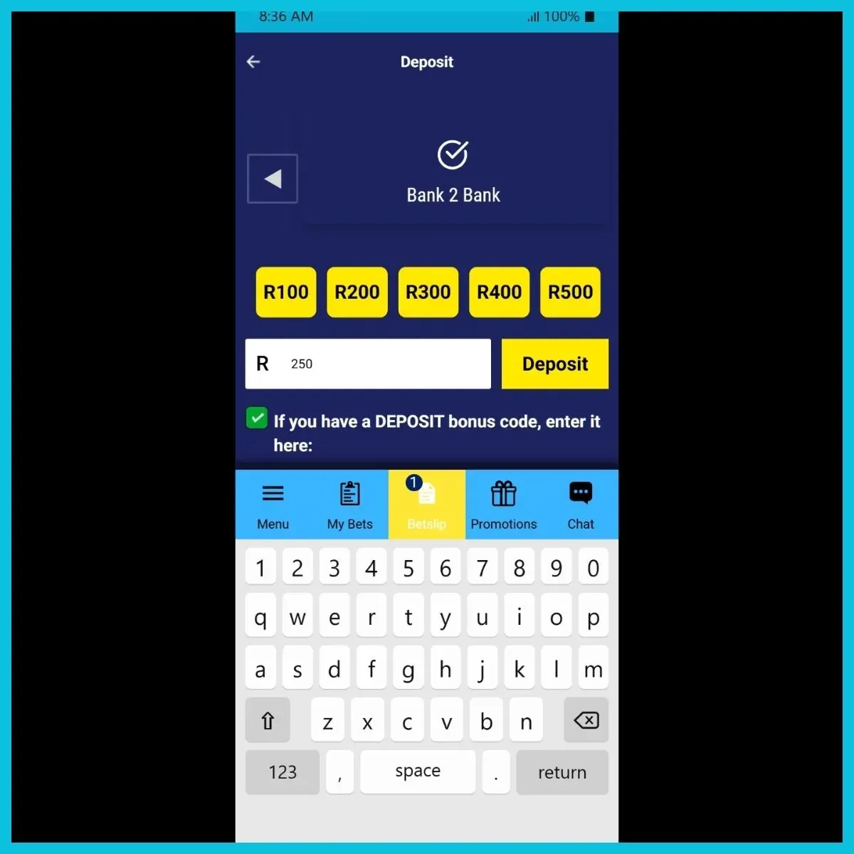 Lulabet Bank2Bank deposit page showing R250 in deposit field
