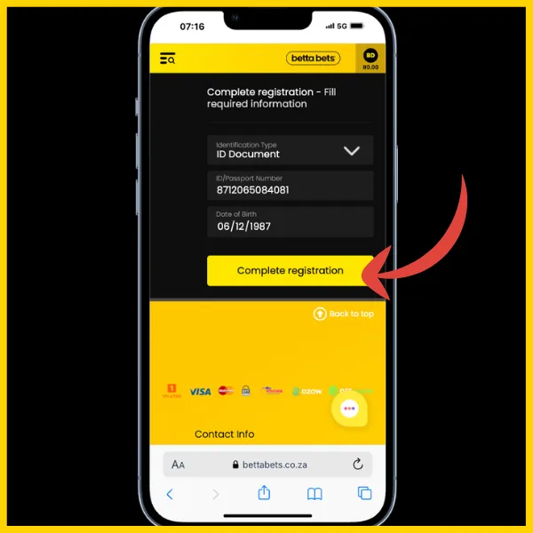Red arrow pointing to Complete Registration button on the official Bettabets site