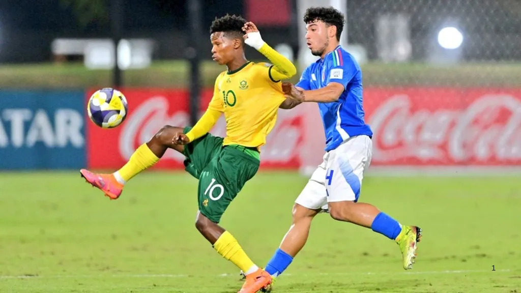 Emile Witbooi playing for Amajimbos against Italy at U17 World Cup. Photo SAFA