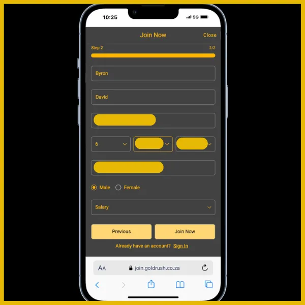 Goldrush sign up form showing fields to enter Personal details.