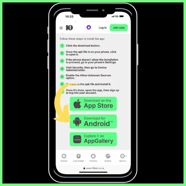 10Bet app click android step 3