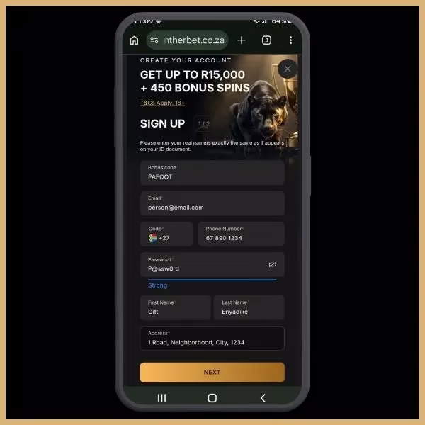 Pantherbet sign up step 3: First page of Registration form with Promo code, email, phone number, password, name and surname and address filled