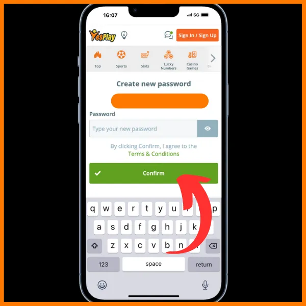 create a password part of the sign-up process on YesPlay. Red arrow pointing to Confirm button