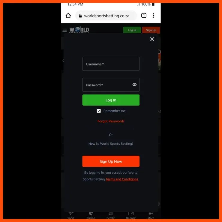 WSB login page on mobile showing fields for username and password, "Log in" button, "Remember me" check box, "Forgot password?" link and orange "Sign Up Now" button.