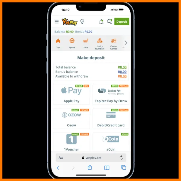 Yesplay deposit methods available on the website.