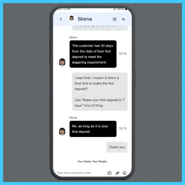 Firstbet bonus live chat test clarifying that the query is about the time limit for the first deposit.