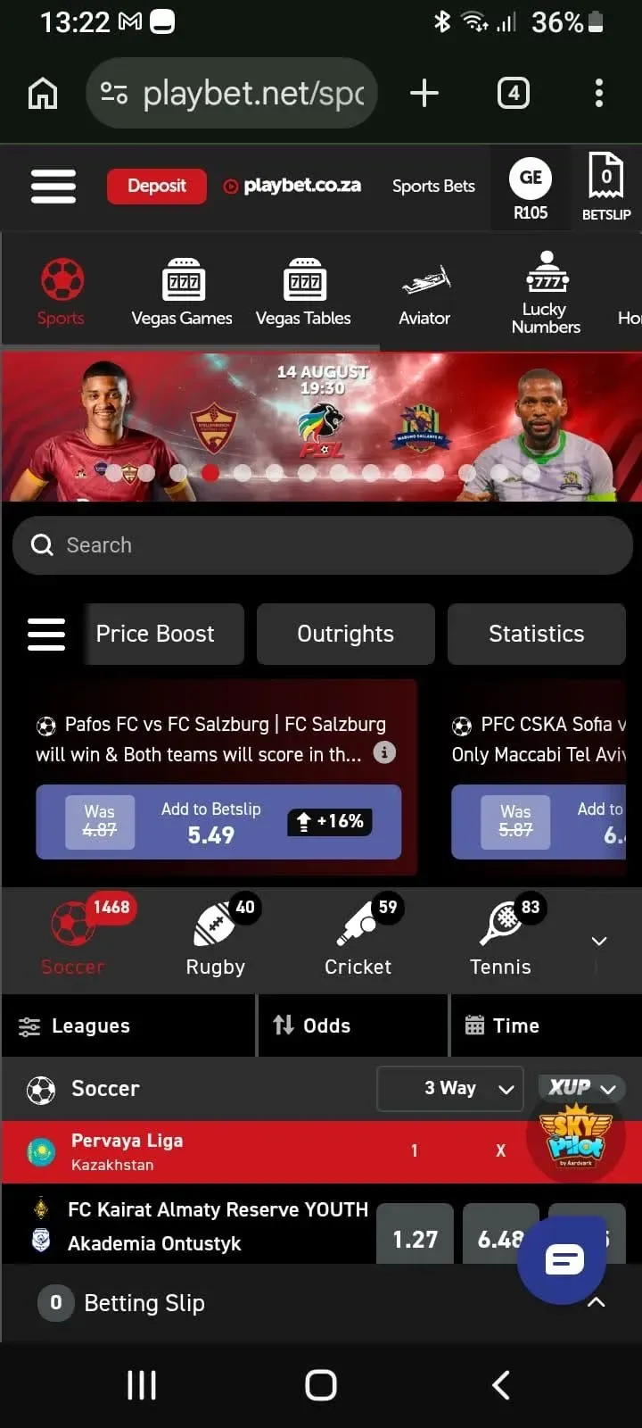Second sportsbook screenshot for Playbet South Africa review showing tabs for Price Boost, Outrights and Statistics.