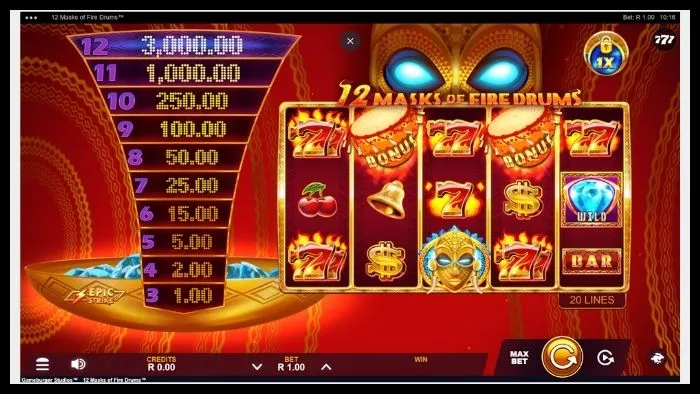 12 Masks of Fire Drum slot, which you can use your 10 welcome Betway free spins on, as displayed on the site.