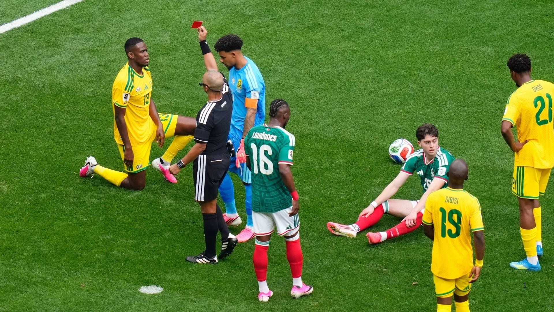 Sphephelo Sithole of South Africa is sent off during their World Cup match against Mexico.