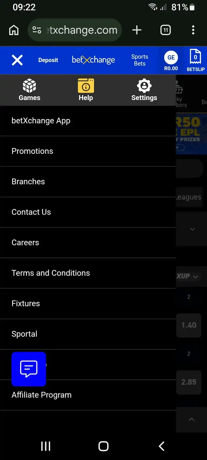BetXchange mobile site menu on Android Chrome showing the betXchange App link under the Help tab.