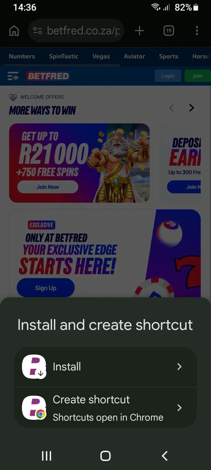 Betfred app download step 3 on chrome with "Install" and "Create shortcut" as options on the bottom prompt sheet.