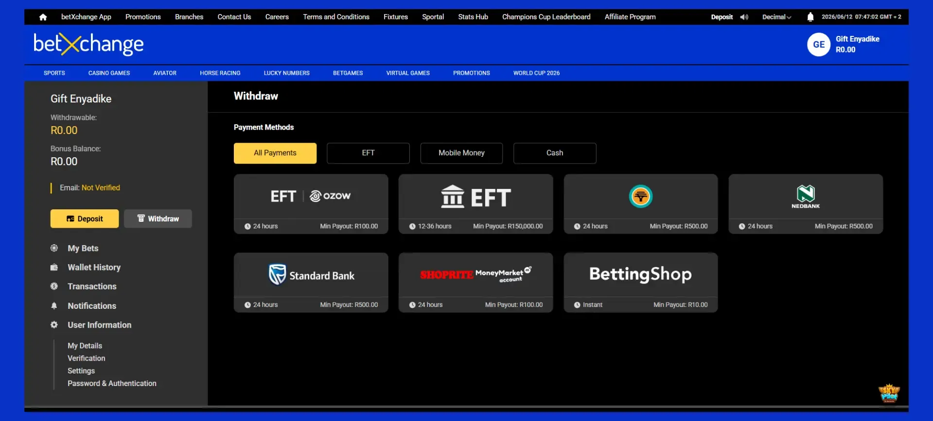 Betxchange Withdrawal Methods screenshot showing OZOW, EFT, FNB eWallet, Nedbank Send-Imali, Standard Bank Instant Money, Shoprite Money Market and BettingShop.
