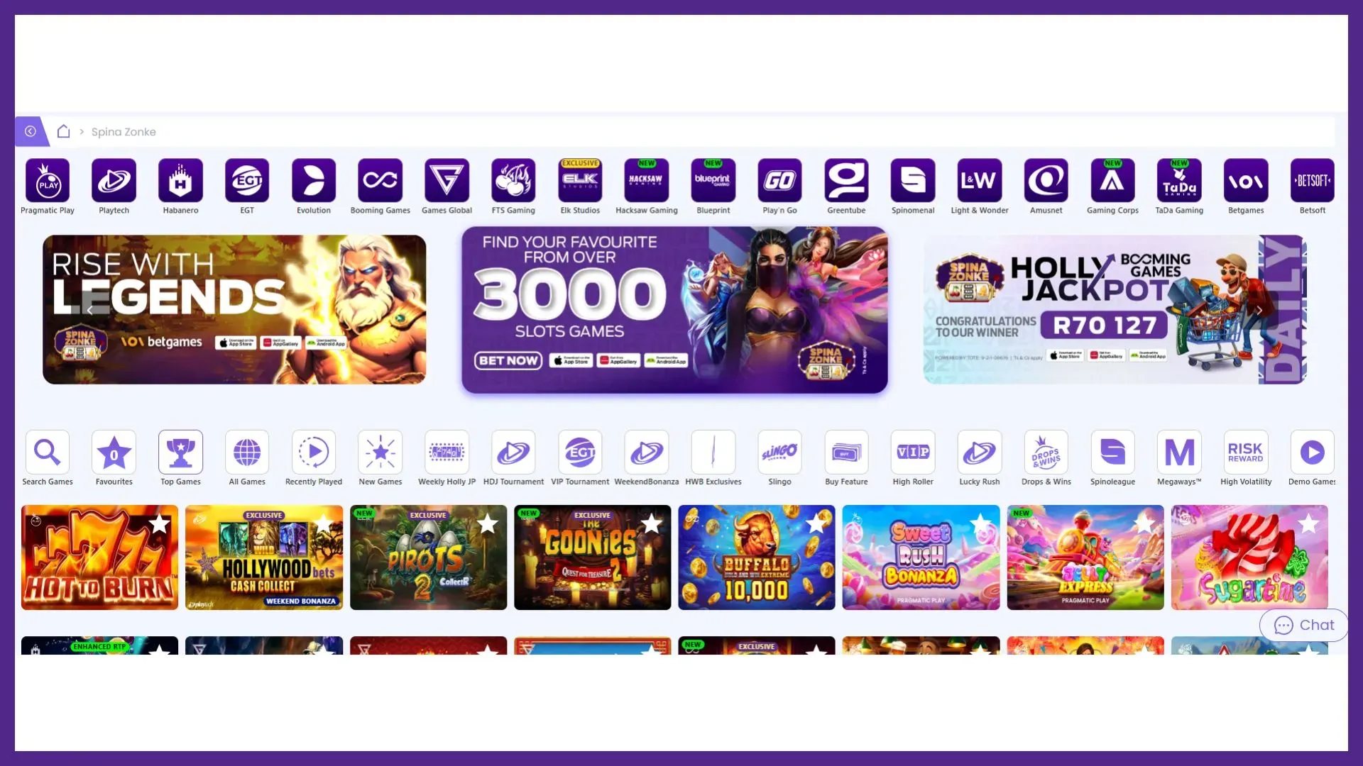 Screenshot of Hollywoodbets Spina Zonke library showing providers, promotions categories and games from top to bottom.